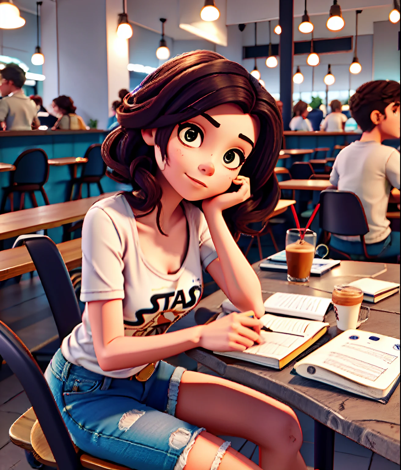 Brazilian woman long light brown hair, eyes browns, wearing Star Wars t-shirt, short jeans e ALL star preto. Drinking coffee and writing in a notebook. Buenos Aires Cafeteria Scenery, European style.