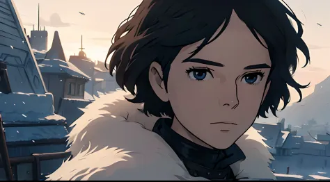 ((Jon Snow)), miyazaki hayao, expressive eyes, ((anime)), Serenity, Anime art , Luminism, cinematic light, Studio Ghibli, winter...