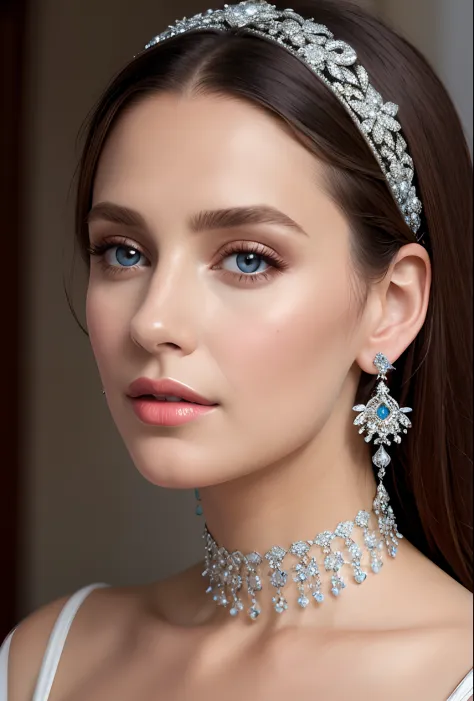 (masterpiece, best quality), intricate details, realistic, photorealistic, a close up of a woman wearing earrings, inspired by Emma Andijewska, draped in crystals, silver color, long earrings, sandra chevier, huge earrings, 2019, blue-eyed, platinum jewell...