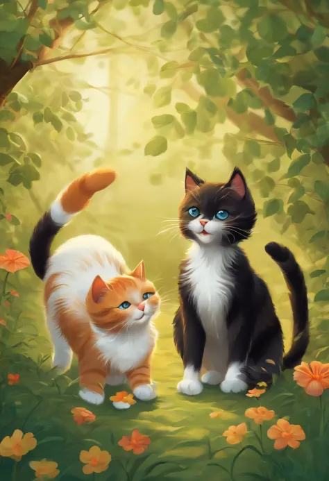 Two cats playing，Cute illustration