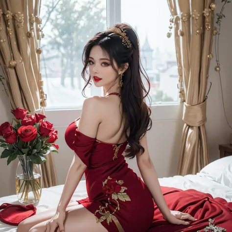 "1 beautiful girl in national costume, Wearing bright red traditional Chinese ao dai, Ao dai with red as the main color, Black chest border and gold border, long hair and white bangs,,, The most detailed and beautiful hair jewelry, Super cute little face, ...