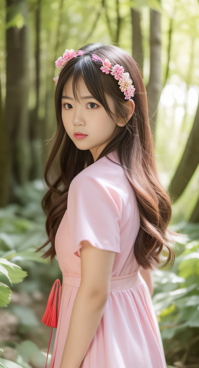Femme asiatique en robe rose debout dans la forêt, Un gros plan,portrait d&#39;une adolescente japonaise, Éclairage doux, Jeune idole de gravure réaliste,  Jeune jolie idole de gravure, fille asiatique aux cheveux longs, dans la forêt rose, coiffure kawaii, le visage d&#39;une belle fille japonaise,
