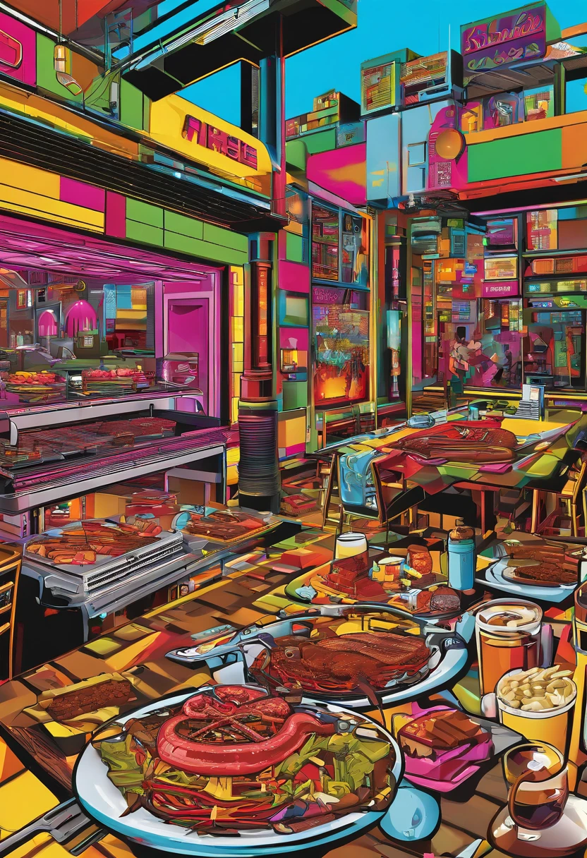 A painting of a restaurant with a lot of food on the table - SeaArt AI