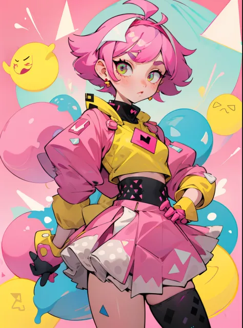 kpop girl with short nice fadecut pink hair, lots of shapes attatched everywhere, random shapes mostly triangle, yellow skirt wi...