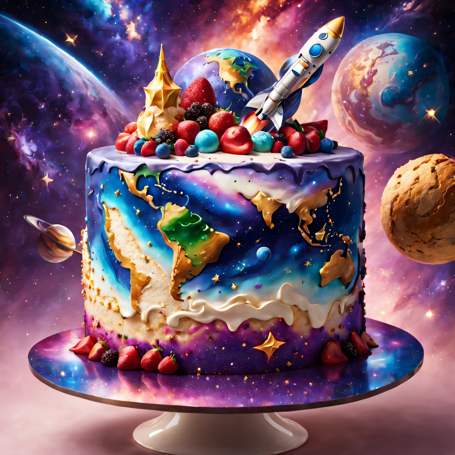 Une immense surface terrestre, Gâteau surdimensionné, toile de fond de l&#39;espace, haute résolution, ultra-détaillé, Éclairage réaliste, Couleurs vives, professionnel, art conceptuel, Arrangement de gâteau délicieux et tentant, Crème et glaçage appétissants, Décorations de gâteaux complexes, Paillettes comestibles scintillantes, Fond de galaxie fascinant