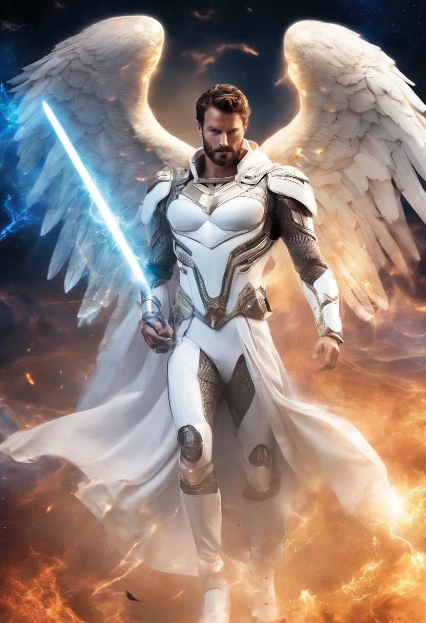 Archangel Michael and two heavenly angels fighting Lucifer in Heaven, many angels, great white wings, holding flaming sword, white robe, around heavenly flames, Jamie Dornan Archangel Michael, Tom Ellis Lucifer, battle in the heavens, wearing short black beard, focus on the details of the face, coming out happy rays, serious and attractive man, wearing white robe, magical and real effect,  film cover, with magical light explosions, powerful celestial warrior, similar to actor Jamie Dornan, sky image background of outer space above planet earth, (8k, RAW photo, best quality, masterpiece: 1.2), (realistic, photorealistic: 1.37), professional lighting.