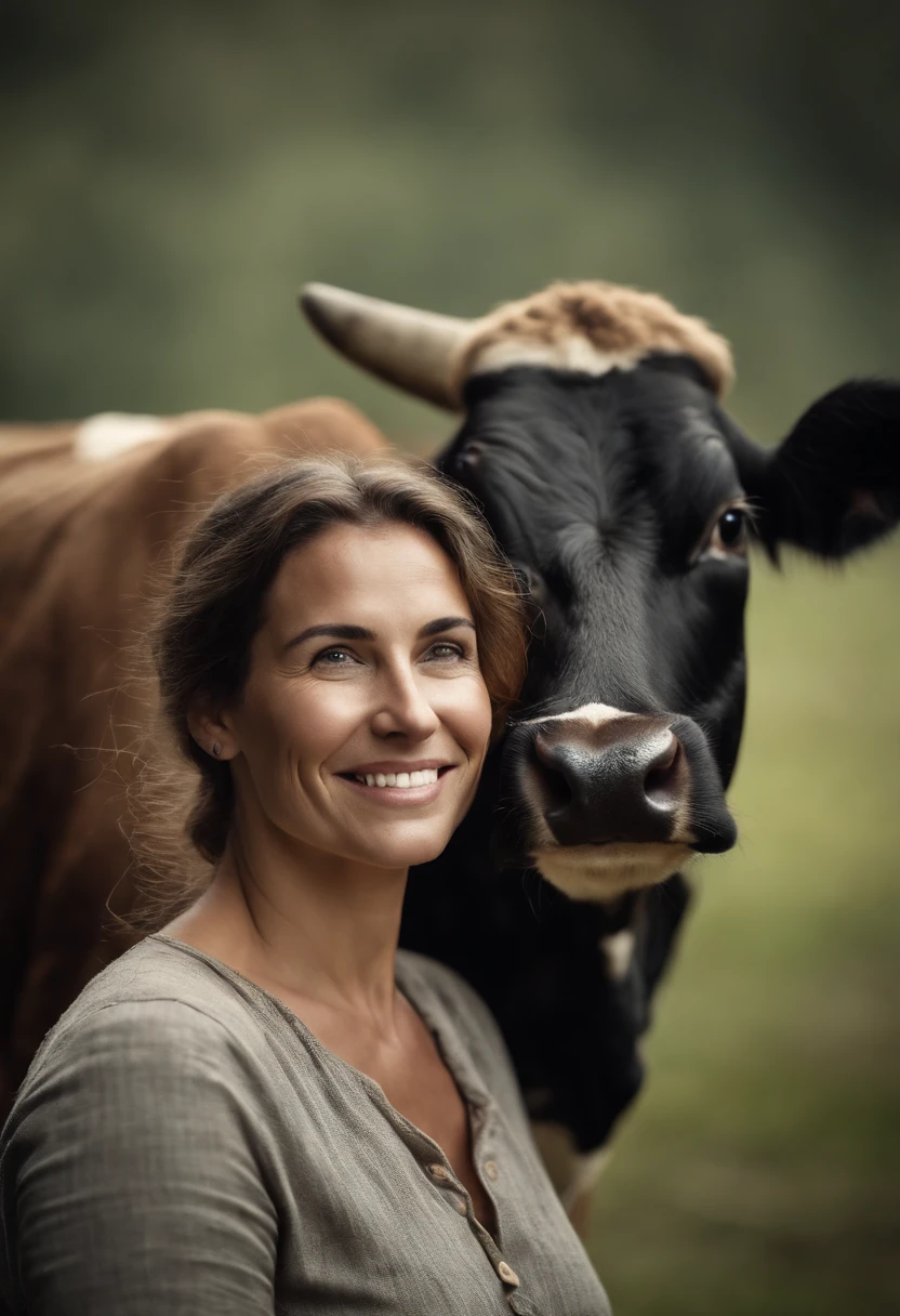 There is a woman standing next to a cow in a field - SeaArt AI