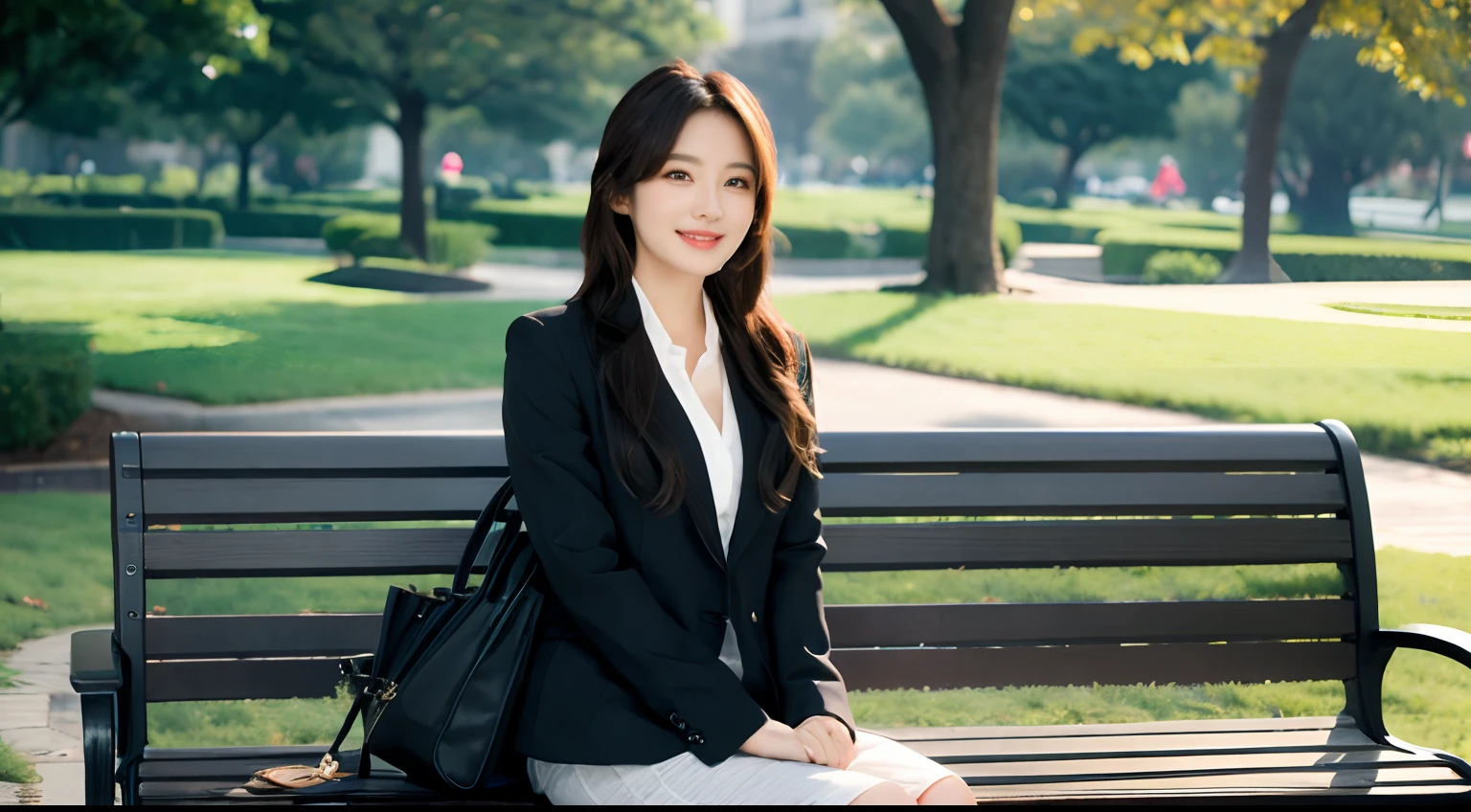 a park、Sitting on a bench、Beautiful woman　、　business sui、Black jacket、White button shirt、tight skirts、a picture、A detailed face、Detailed lips、A detailed eye、A smile