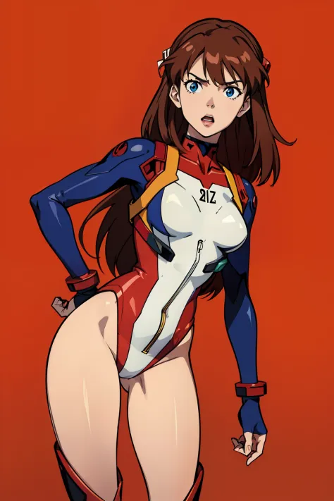 hands_on_hip,souryuu_asuka_langley,bodysuit,brown_hair,torn_bodysuit,rebuild_of_evangelion,1girl,large_breasts,upper_body,breasts,long_hair,skin_tight,hair_down,shiny_clothes,hair_ornament,very_long_hair,red_bodysuit,plugsuit,leotard,bare legs,boots,simple...