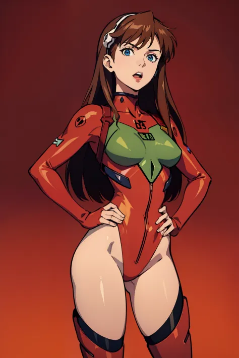 hands_on_hip,souryuu_asuka_langley,bodysuit,brown_hair,torn_bodysuit,rebuild_of_evangelion,1girl,large_breasts,upper_body,breasts,long_hair,skin_tight,hair_down,shiny_clothes,hair_ornament,very_long_hair,red_bodysuit,plugsuit,leotard,bare legs,boots,simple...