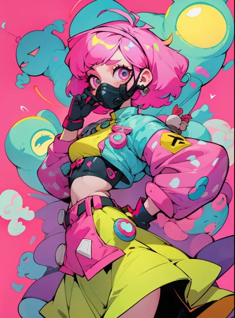 kpop girl with short nice fadecut pink hair, colorful glowing gass mask, lots of shapes attatched everywhere, random shapes most...