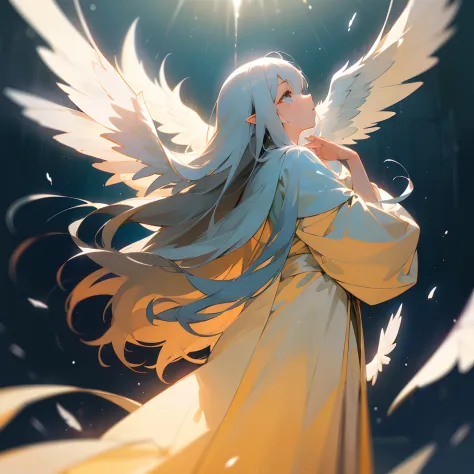 (​masterpiece、top-quality)、Standing in a dark place、1 angel girl with long white hair、look up to、wingspan、Put your hands under your chin、Large wings、Praying、is crying、Crying face、dark ilumination、cold lighting、robe blanche、blurred foreground、angelicales、Lo...