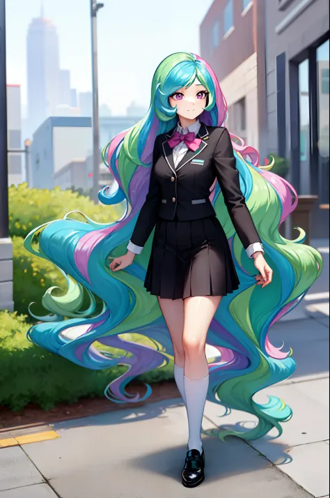 (from front), walking princess_celestia wearing a black school uniform, looking away, scene is city street, masterpiece, best qu...