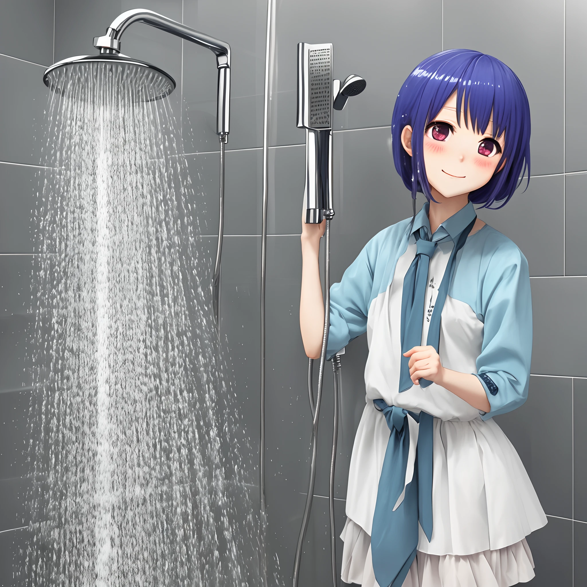 Anime girl in a blue shirt and white skirt standing in front of a shower -  SeaArt AI