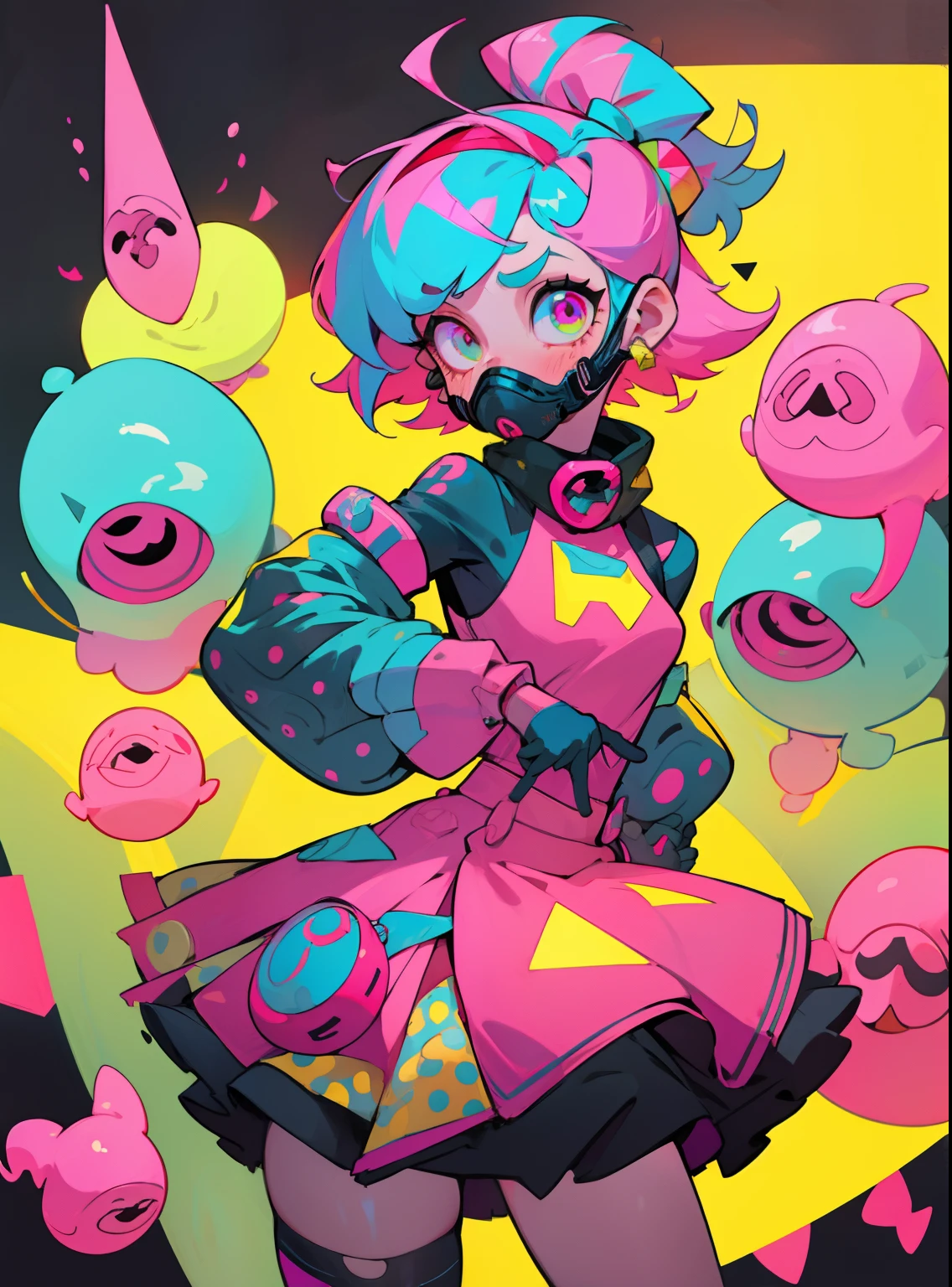 kpop girl with short nice fadecut pink hair, colorful glowing gass mask, lots of shapes attatched everywhere, random shapes mostly triangle, yellow skirt with polcadots, red gloves, and an 2 antena headband