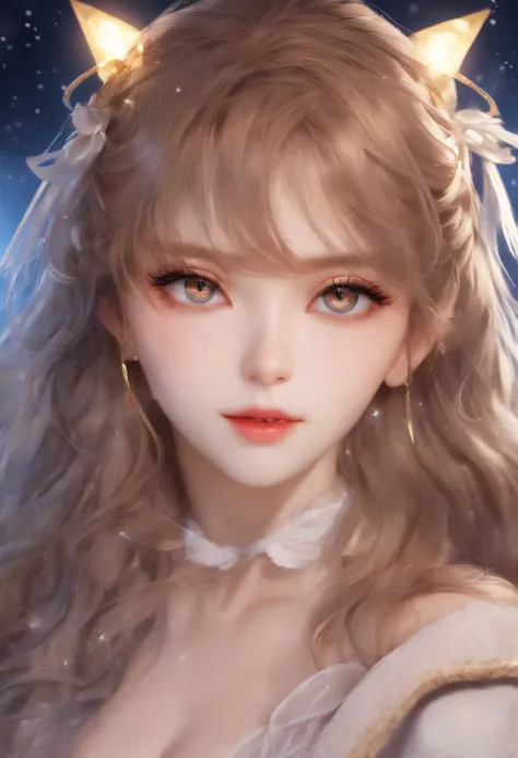 Starry eyes, it looks even more beautiful than immortal, Ahoge, hair, star-shaped pupils, amber eyes, colored contact lenses, blush, high detail, anime, romanticism, modern, gothic art, anime style, film lighting, ray tracing, motion rye, close-up, sony fe...