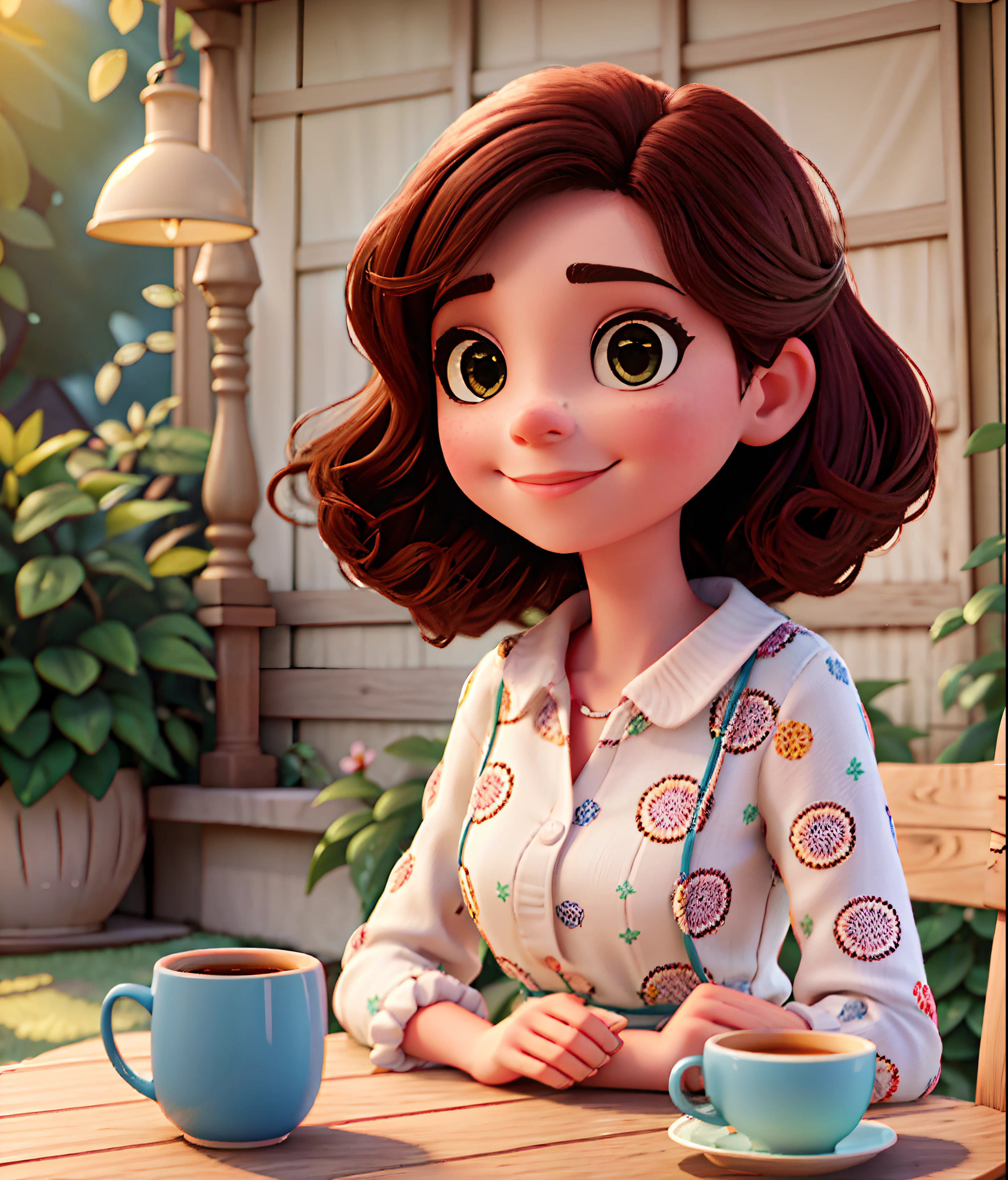 Pompt Disney Pixar Schöne brasilianische Frau sitzt und trinkt Kaffee am Gartentisch ihres Hauses Süßes Gesicht, Sehr schwarzes, glattes Haar, gerader Schnitt bis zur Schulter und mit Pony. Haare im japanischen Stil mit braunen Augen und sehr rosigen Wangen, Sie trägt ein gepunktetes Kleid, das ihren Schoß bedeckt, und schaut dich mit liebevollen Augen und einem sanften Lächeln an, geringe Schärfentiefe, filmisches Licht, Sanftes Licht, hinterleuchtet, Mikrodetails, Rendern, fotorealistisch, filmisch, 85mm 1.4