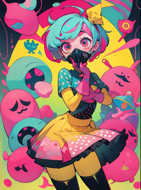 kpop girl with short nice fadecut pink hair, colorful glowing gass mask, lots of shapes attatched everywhere, random shapes most...
