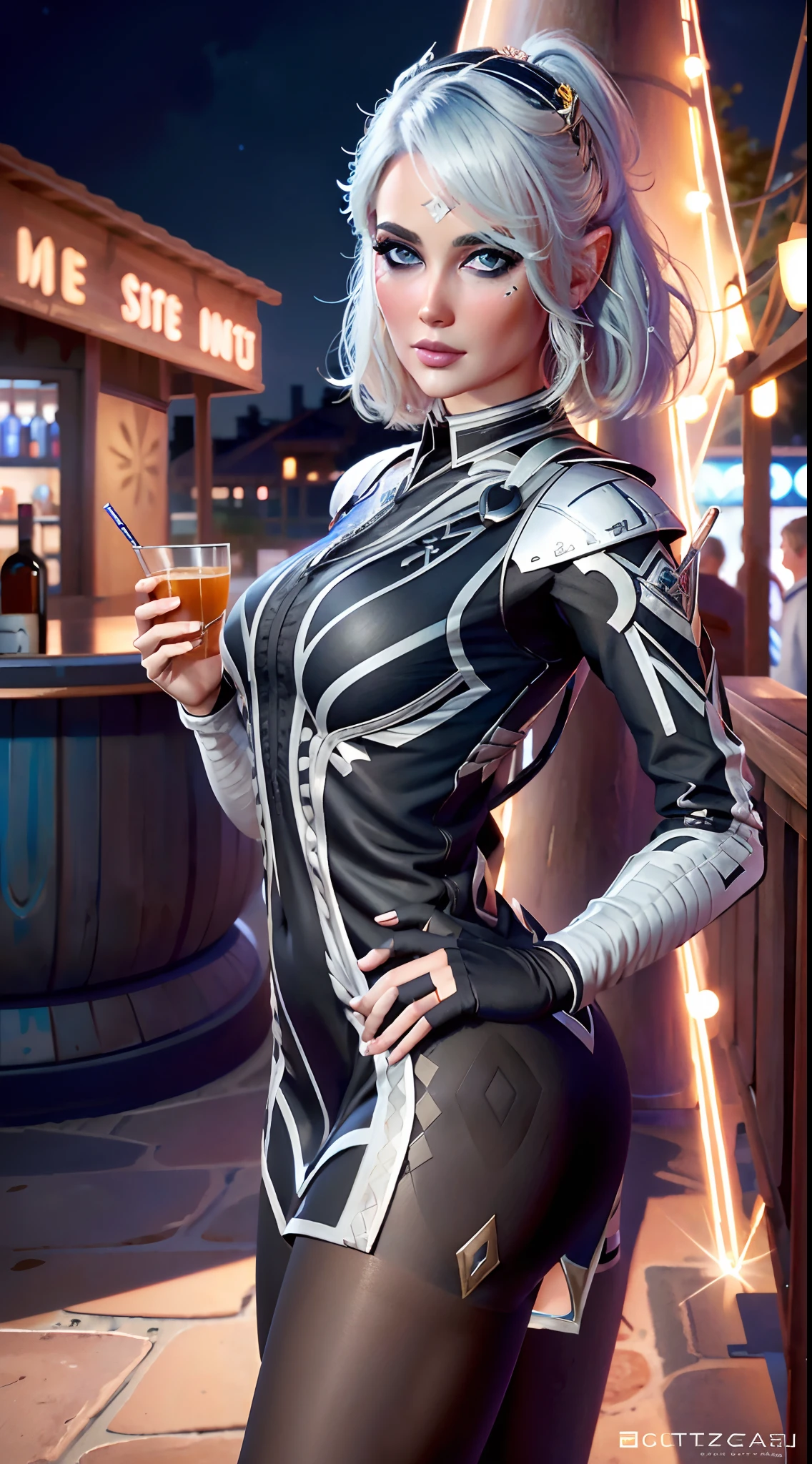 (masterpiece, best quality:1.3), BGIsobel, 1girl, short hair, blue eyes, pointy ears, drinking cocktails at the night bar, white dress, (black pantyhose), very coherent symmetrical artwork, by Range Murata, artgerm, digital illustration, beautiful