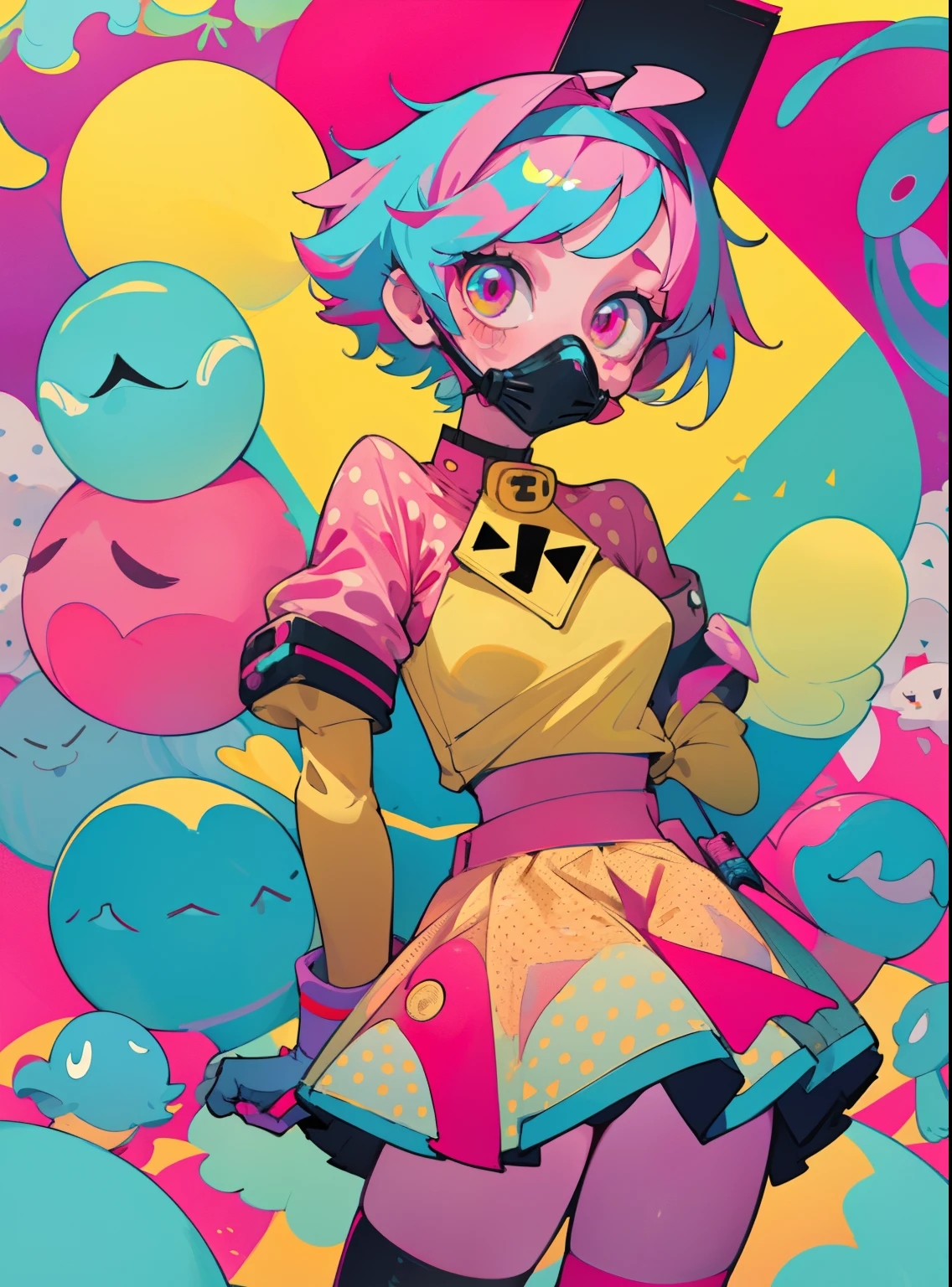 kpop girl with short nice fadecut pink hair, colorful glowing gass mask, lots of shapes attatched everywhere, random shapes mostly triangle, yellow skirt with polcadots, red gloves, and an 2 antena headband