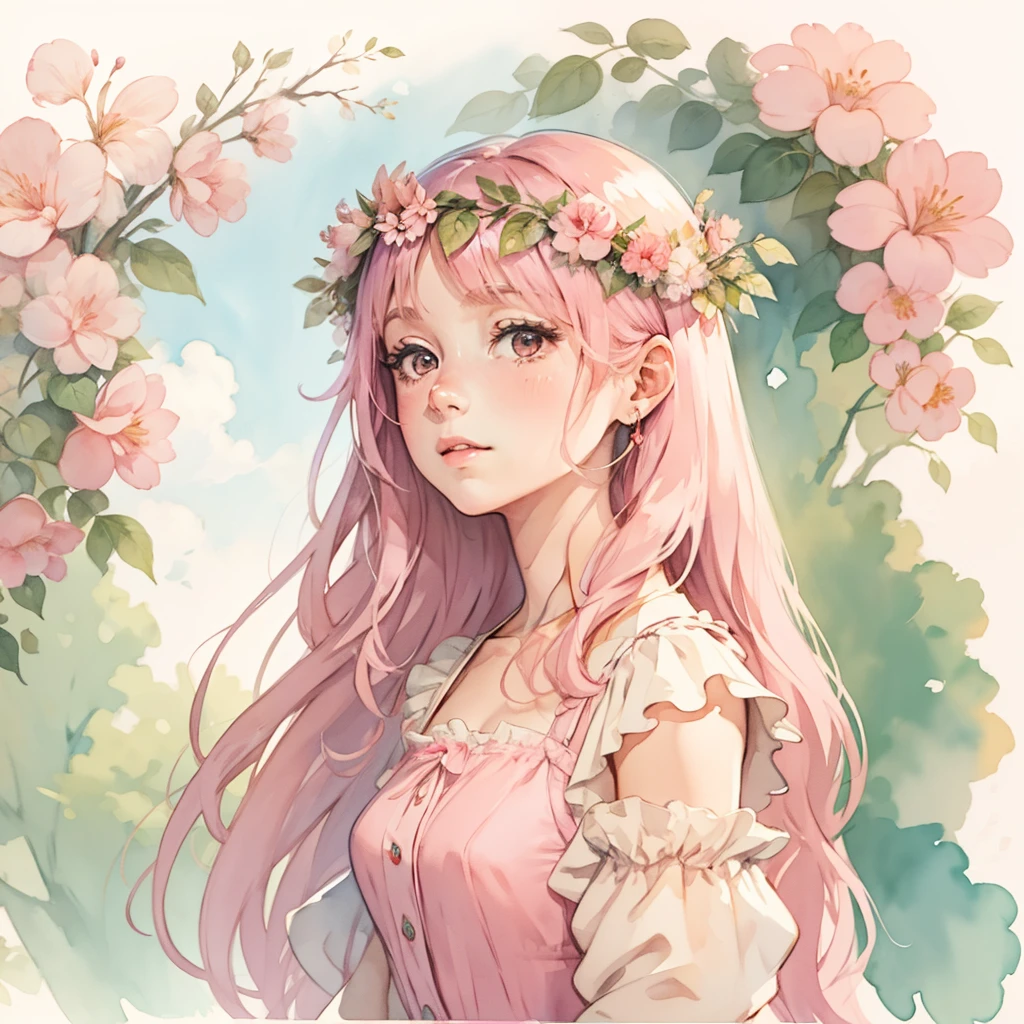 Pintura em aquarela de uma mulher com cabelos longos em um vestido de princesa rosa com uma coroa de flores,doress