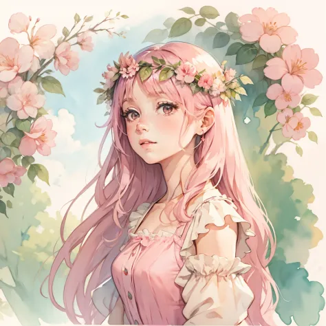 Watercolor painting of a woman with long hair in a pink princess dress with a wreath,doress