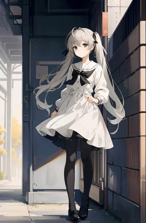 （Masterpiece，best qualtiy，A high resolution：1.5），1girl，high school senior，white skinned，Gray-black pupils，twintails，lacepantyhose，shift dresses，Delicate face，School Background，The light is bright，Sora Kasugano，Animated illustration style，pixiv popular