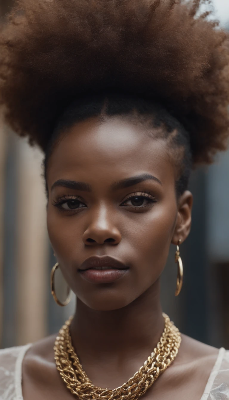 Afro Ghotic woman cut with big and piercing in gold chains with a house dwells