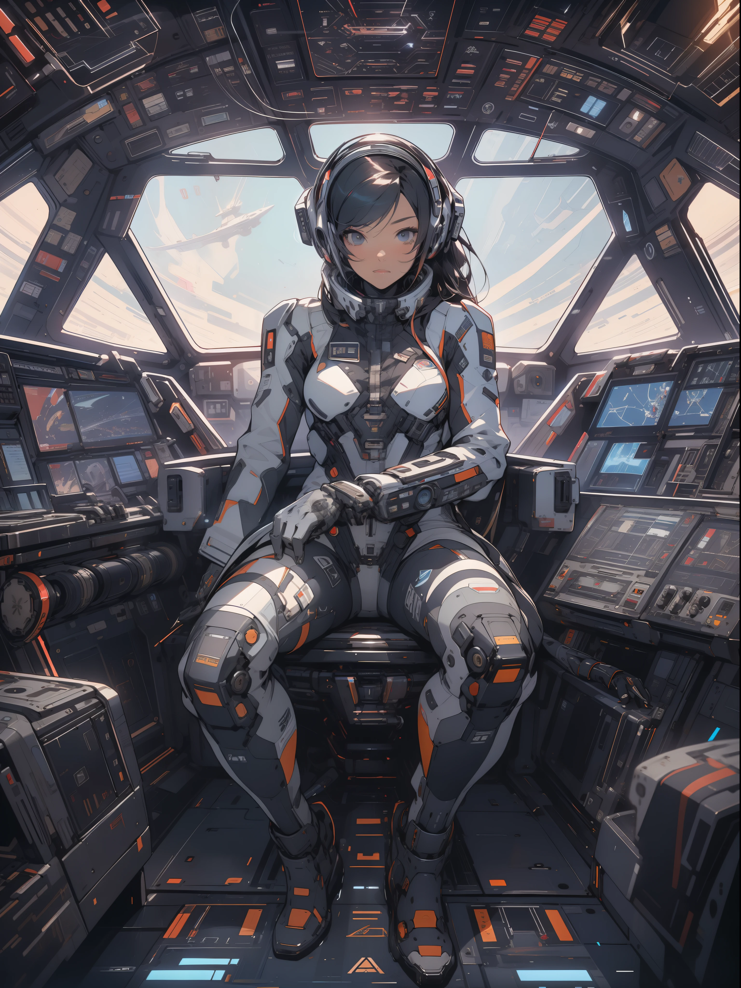 An adult female space fighter pilot inside the cockpit of her ship in a mega detailed suit, seated holding the stick and rejoined by detailed hyper control panels with dials, Buttons and levers, viseira cyberpunk, grafismos hi-tech por todo o traje, melhor qualidade, obra prima, pose sexy, corpo perfeito