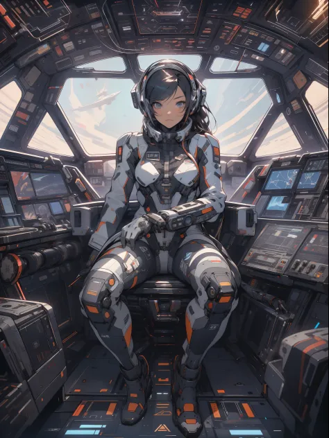 An adult female space fighter pilot inside the cockpit of her ship in a mega detailed suit, seated holding the stick and rejoine...