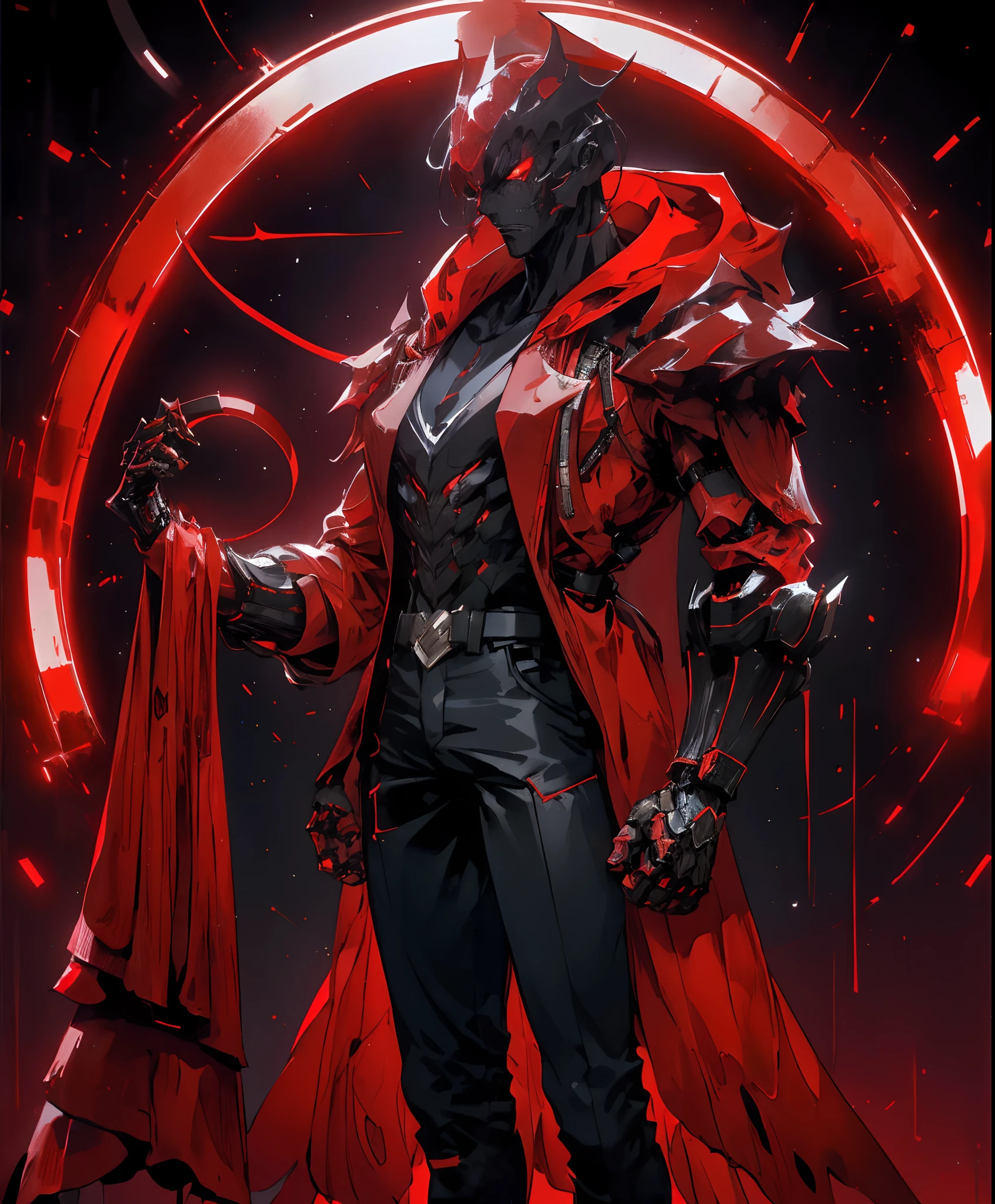 un hombre con una chaqueta roja y pantalones negros parado en una habitación oscura, vistiendo una túnica roja de cultista, traje carmesí, personaje de mortal kombat, como personaje de tekken, personaje del juego de lucha, Asesino ciberpunk, mago encapuchado rojo, trajes ciberpunk, ropa carmesí, el ninja rojo, vistiendo una armadura de asesino de cuero, un asesino adolescente nervioso, chaqueta roja genial, matón callejero cyberpunk
