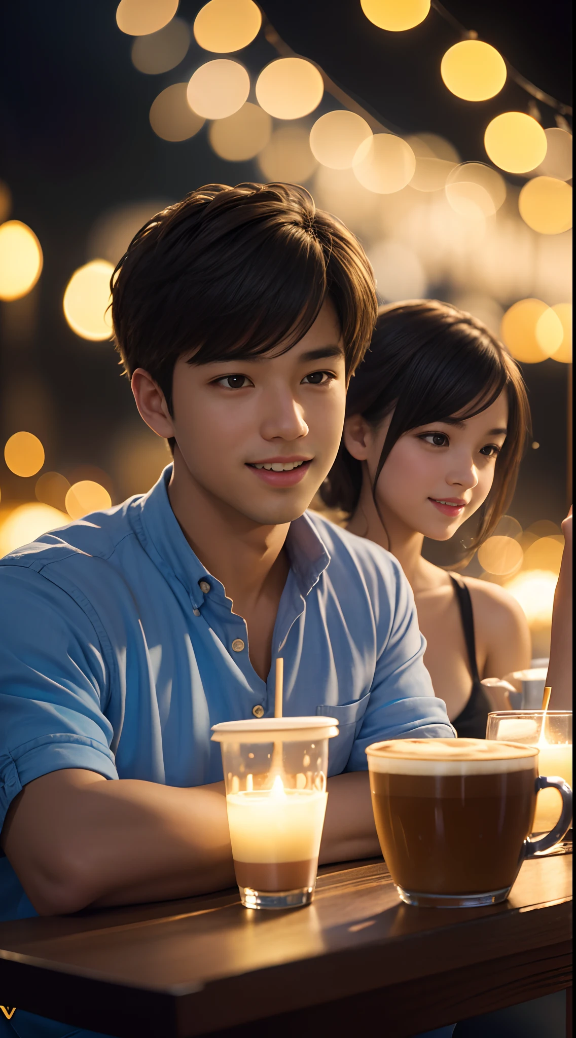 Illustrate a close up charming scene of a cute couple ((1 boy, 1 girl)) enjoying a delightful night out at an enchanting coffee shop, 16k resolution, UHD, ((background blur:1.7)) , bokeh, ((yellow hue:0.9)), ISO:200,