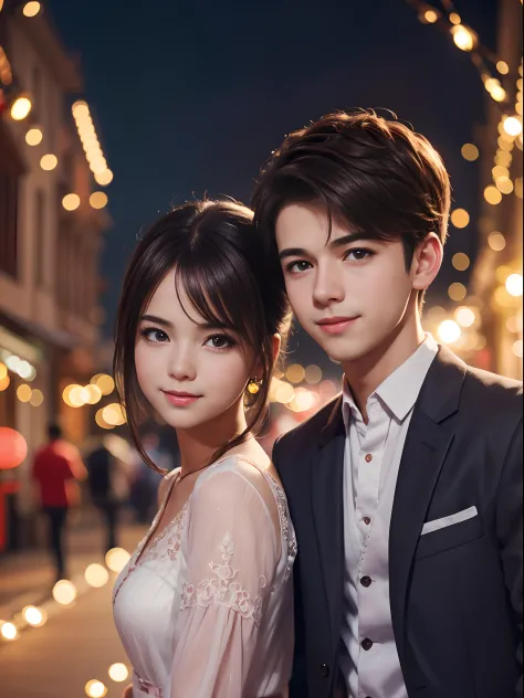 Illustrate a close up charming scene of a cute couple ((1 boy, 1 girl)) enjoying a delightful night out at an enchanting street, 16k resolution, UHD, ((background blur:1.7)) , bokeh, ((red hue:0.9)), ISO:200,