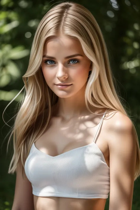 Natural photography of a beautiful girl, Tragen eines lockeren Crop-Tops, sich vorbeugen, langes, wallendes blondes Haar, Large ...