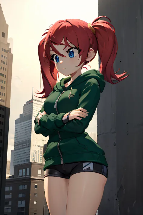 masterpiece, best quality, blue eyes, 1girl, solo, twintails, fingerless gloves, green hoodie, red hair, furrowed brow, crossed ...