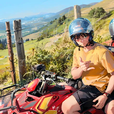 there's a person riding an atv on a hill, com montanhas ao fundo, belas vistas, na montanha, com montanhas como pano de fundo, n...