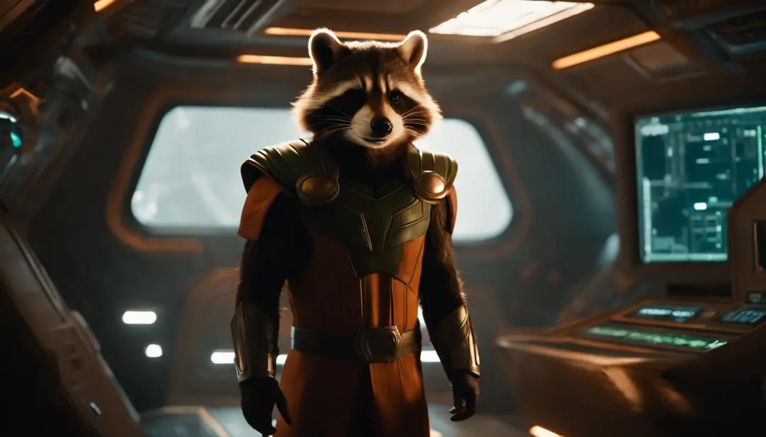 ultra-realistic 8k cinematic
Setting: Outer space, with stars, planets and asteroids
- Actions: Thor god of thunder and Rocket A cyborg raccoon, brown, furry, with green eyes, wearing an orange and black jumpsuit are in the cabin of the spaceship, looking ...