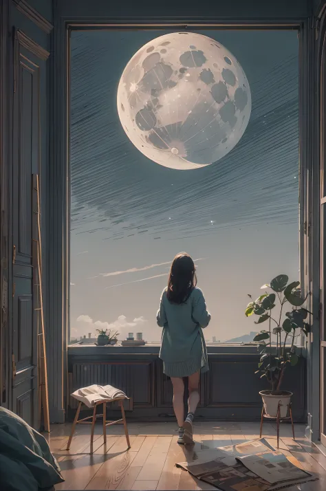 a woman watches the moon from her room.(flat tinted artwork)(stylish design )(top quality)(simple)(super flat)(contemporary art)...