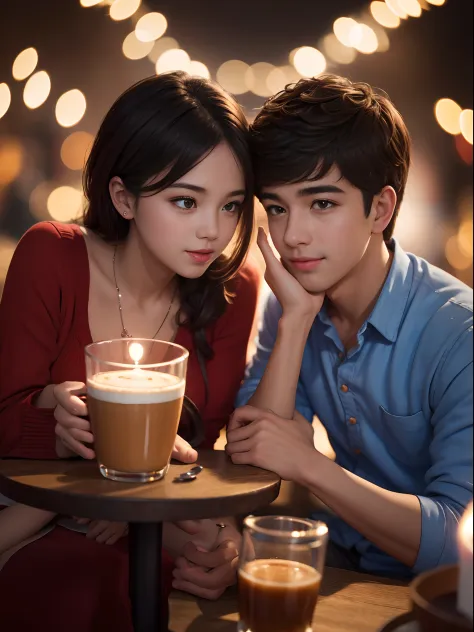 Illustrate a close up charming scene of a cute couple ((1 boy, 1 girl)) enjoying a delightful night out at an enchanting coffee shop, 16k resolution, UHD, ((background blur:1.7)) , bokeh, ((red hue:0.9)), ISO:200,