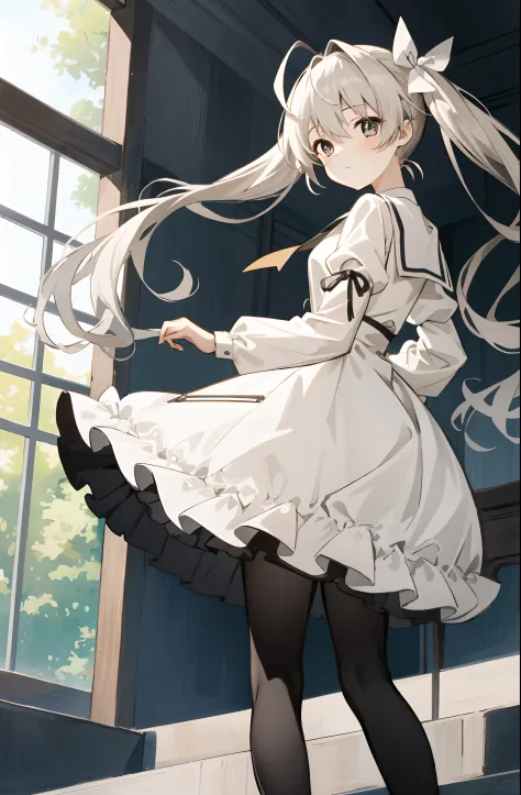 （Masterpiece，best qualtiy，A high resolution：1.5），1girl，high school senior，white skinned，Gray-black pupils，twintails，lacepantyhose，shift dresses，Delicate face，School Background，The light is bright，Sora Kasugano，Animated illustration style，pixiv popular