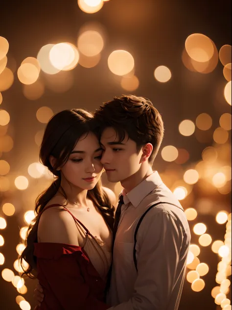 Illustrate a close up charming scene of a cute couple ((1 boy, 1 girl)) enjoying a delightful night out at an enchanting coffee shop, 16k resolution, UHD, ((background blur:1.7)) , bokeh, ((red hue:0.8)), ISO:200,
