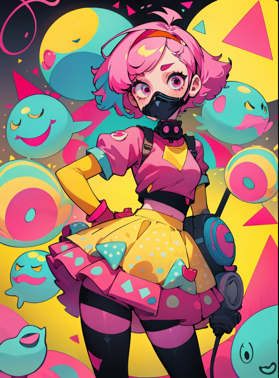 kpop girl with short nice fadecut pink hair, colorful glowing gass mask, lots of shapes attatched everywhere, random shapes mostly triangle, yellow skirt with polcadots, red gloves, and an 2 antena headband