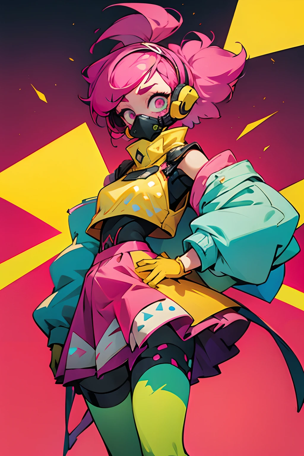 kpop girl with short nice fadecut pink hair, colorful glowing gass mask, lots of shapes attatched everywhere, random shapes mostly triangle, yellow skirt with polcadots, red gloves, and an 2 antena headband