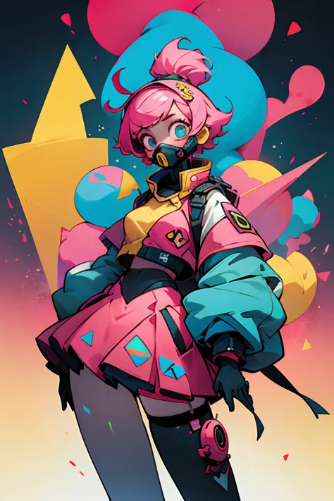 kpop girl with short nice fadecut pink hair, colorful glowing gass mask, lots of shapes attatched everywhere, random shapes most...