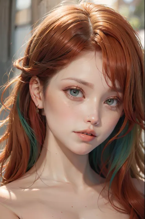 (best quality,4k,8k,highres,masterpiece:1.2),beautiful redhead with fiery hair,strikingly vibrant red hair,green eyes,freckles,pale skin,ethereal appearance,delicate lips,wild and flowing hair,mesmerizing gaze,radiant beauty,natural and captivating look,so...