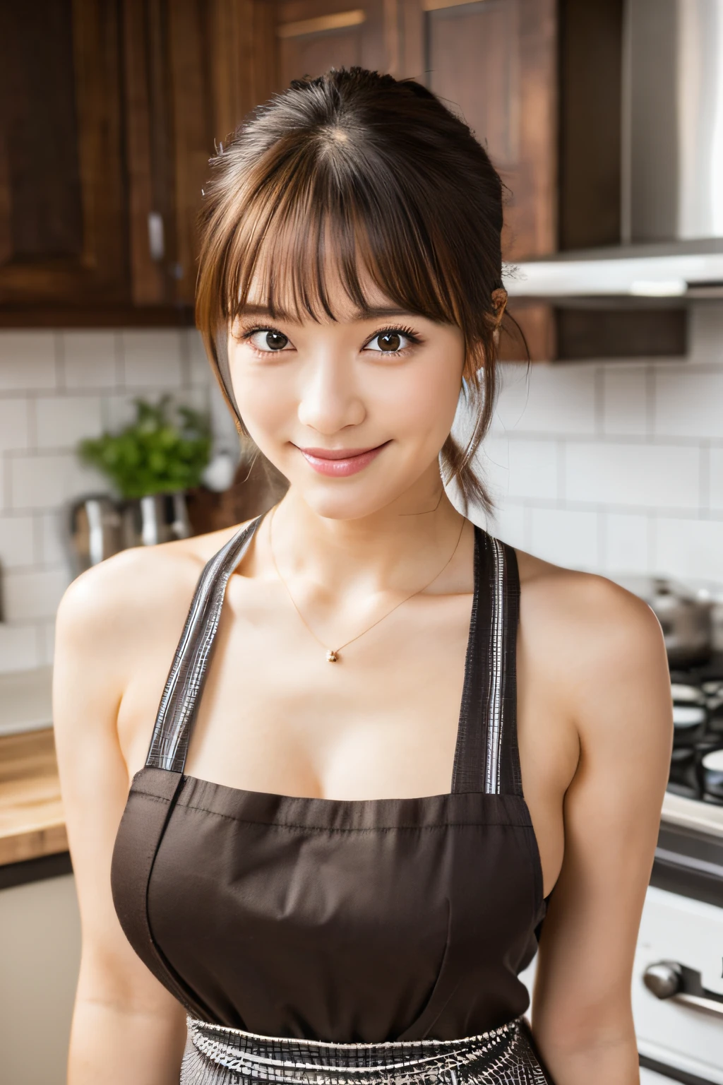 (Best Quality, 8K, masutepiece: 1.3), Beautiful Women in Perfect Figure: 1.4, dark brown hair, Wearing a pendant, Wearing an apron, In the kitchen, extremely detailed face and skin, Detailed eyes, Double eyelids, Big breasts, Smile, Cooking, Apron, Long hair