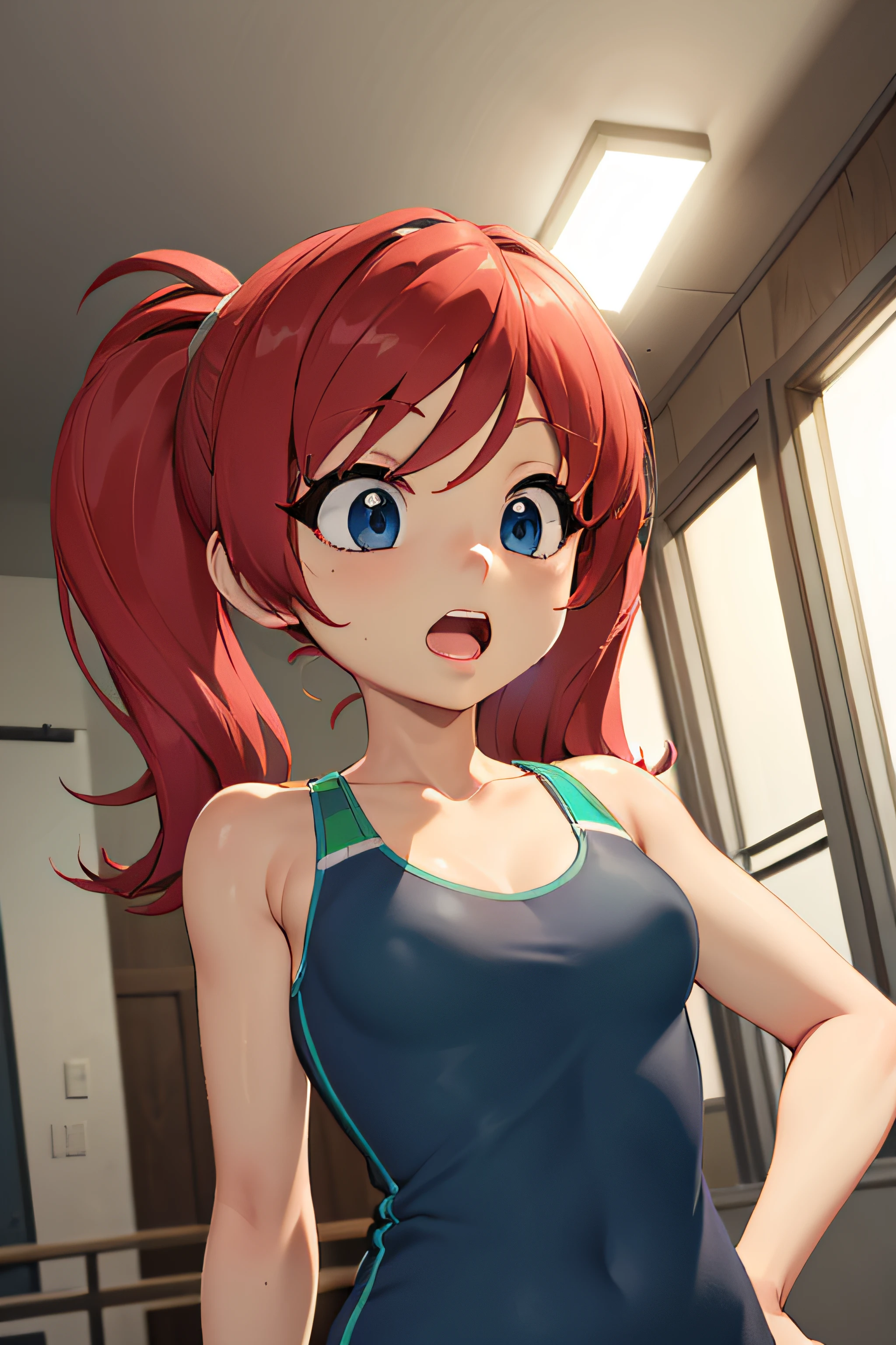 1girl, solo, long hair, open mouth, bangs, blue eyes, shirt, bare shoulders, twintails, upper body, red hair, indoors,, tank top, wide-eyed