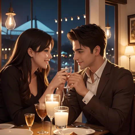 Illustrate a charming scene of a cute couple enjoying a delightful night out at an enchanting restaurant