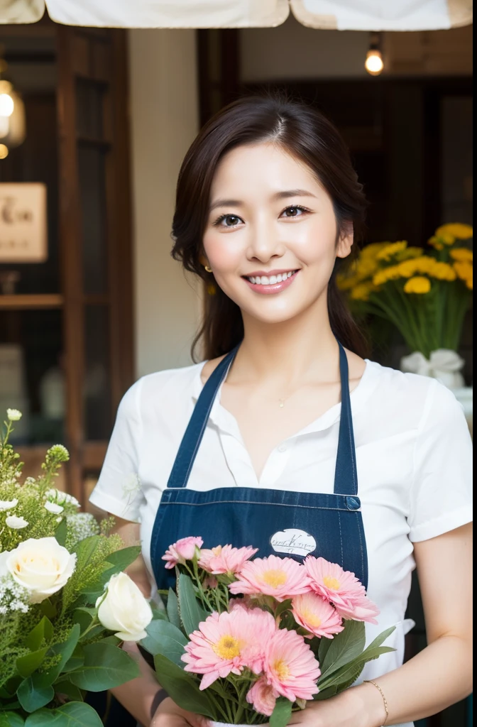 1 chica、Hermosa mujer japonesa de unos 50 años、Sonrisas、modelo、Pecho grande、Estilo perfecto、cintura delgada、centrarse en los ojos、Tienda de flores crudas、Trabajos de tiempo en floristerías、delantal、