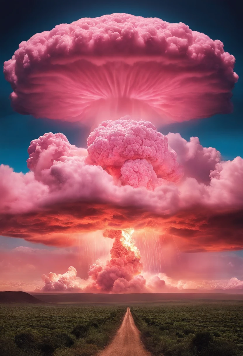 Top image quality，Refer to the existing visuals for the best hydrogen bomb explosion mushroom cloud pictures movie poster feel（Reference to the Tsar Bomba 9 Big Ivan of the former Soviet Union）Hydrogen bomb exploding mushroom cloud picture）Huge visually stunning pink candy-colored mushroom clouds on an empty plain，The visuals should be both shocking and sweet。There is no sense of horror，The whole picture seems to be a realistic fairy tale world。